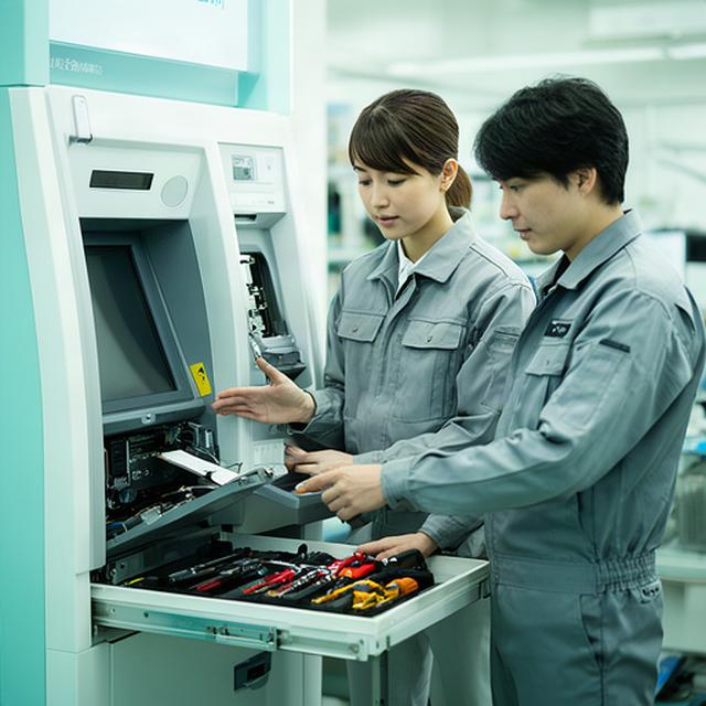 ATM保守の現場で機器を確認する代表者と技術スタッフ