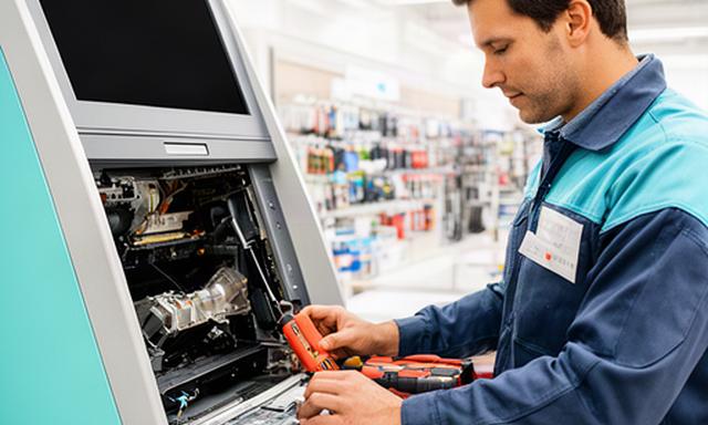 ATMの扉を開き点検する技術者、明るい店舗バックヤードの現場